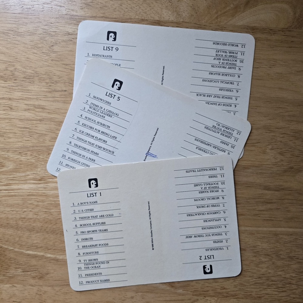 Scattergories Category Cards 1988 Replacement Pieces List 1-12;‎ 1 set of cards